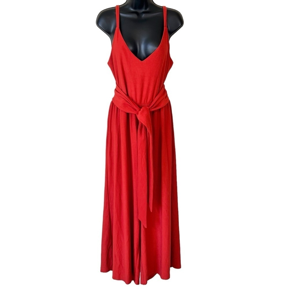 LOFT Orange Ribbed Sleeveless Tie-back Wide-Leg Jumpsuit